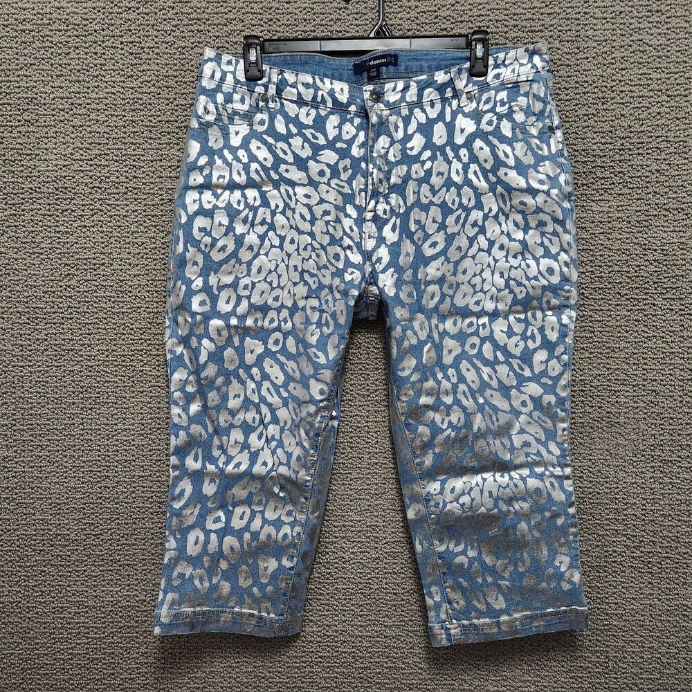 DENIM 24/7 Women's Blue Silver Metallic Leopard Print Denim Capri Jeans Size 20W